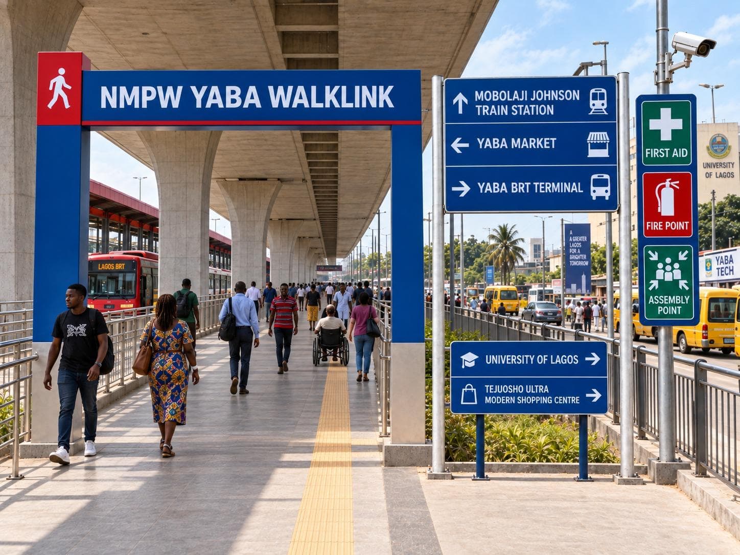 Illustration of commuters walking beside commercial units beneath an elevated structure