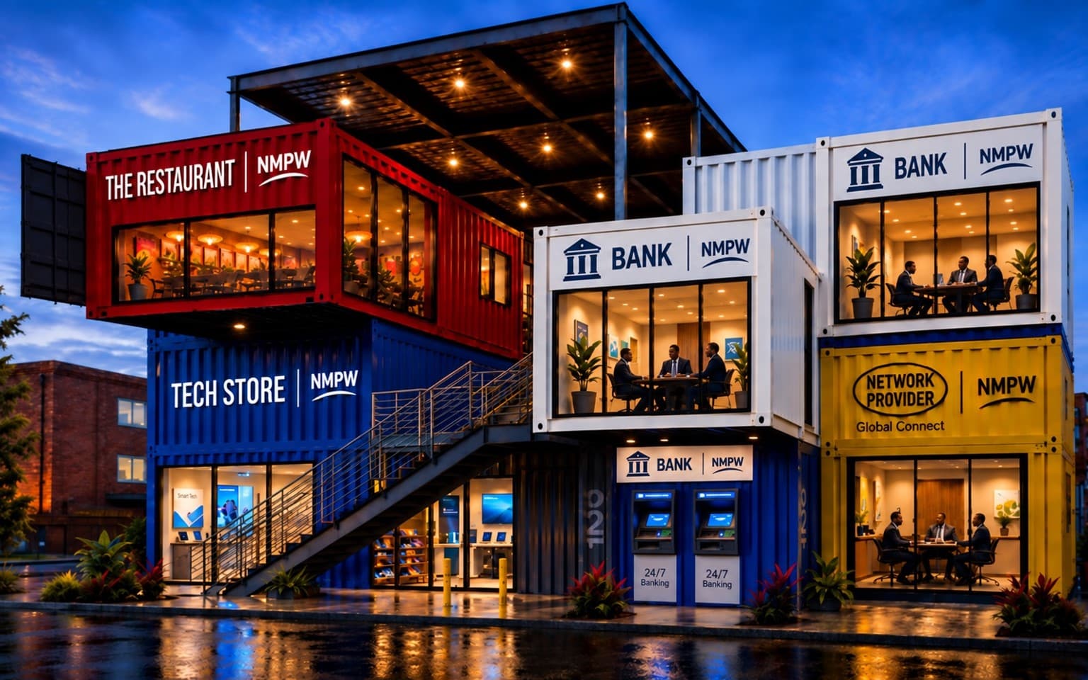 Illustration of stacked container shops with illuminated storefronts