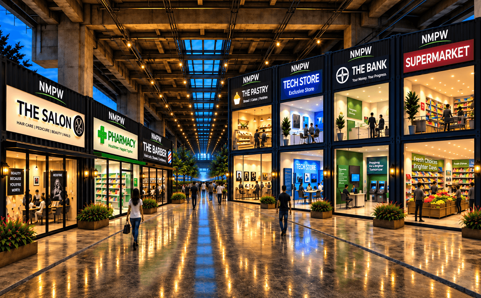 Illustration of illuminated shops lining a covered pedestrian corridor
