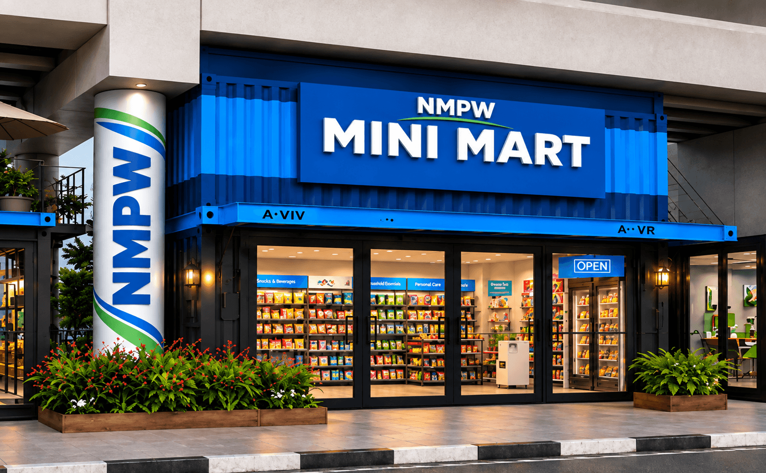 Illustration of a blue container mini mart with glass storefronts and planting